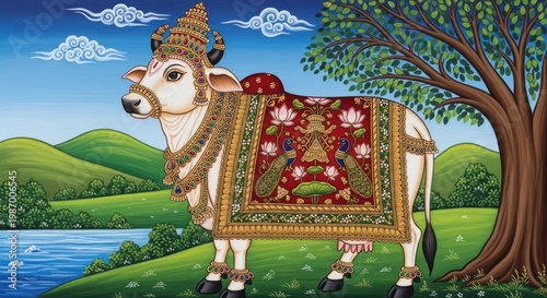 Sacred Cow adorned with intricate traditional Indian artwork standing in a serene landscape.