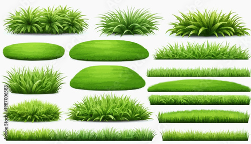Lush green grass patches vector set, isolated on white background.
 
