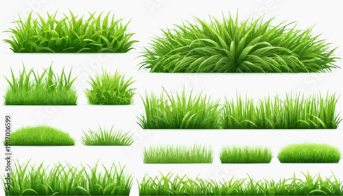 Lush green grass patches vector set, isolated on white background.
 
