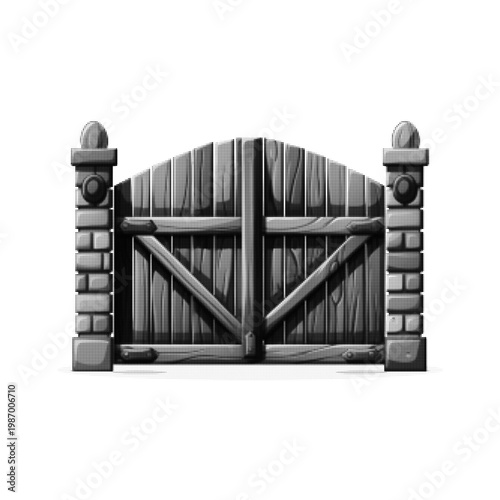 Halftone illustration of a closed wooden gate with brick pillars, isolated on a white background. Represents entrance, security, privacy, boundaries, and restricted access in a monochrome dotted style