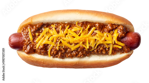 Chili dog with beef chili and shredded cheddar cheese in a soft bun, isolated on white background, classic American fast food.