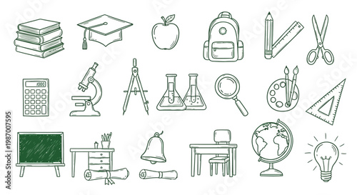 Collection of Hand Drawn School and Education Related Objects and Supplies.