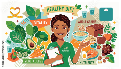 Healthy diet and nutrition infographic with woman.