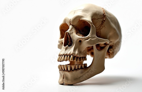 Replica human skull exhibits jaw bone and teeth. This ancient hominid fossil offers insights into prehistoric life. Its skeletal structure details early human evolution and paleontology.