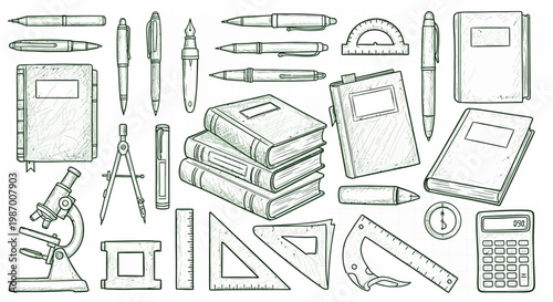 Educational Supplies and School Stationery Collection Hand Drawn Sketch.