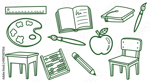 Hand drawn school and art supplies for educational concepts.