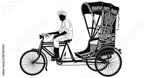 Man riding traditional Indian rickshaw with ornate canopy and pedaling