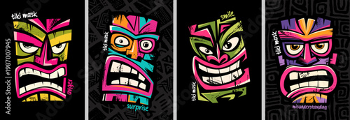 Colorful masks with expressive neon faces and textured backgrounds. Tiki masks that demonstrate emotions are perfect for printing on T-shirts, posters, and more.