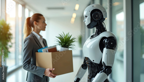 Woman with box leaves office. Robot stands nearby. Represents job displacement due to AI and tech advancement. Future of work concept. Automation taking over human roles.