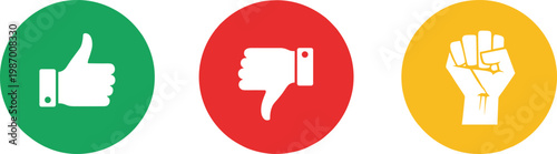 Thumbs up thumbs down and raised fist flat circle icon set approval rejection protest feedback symbol vector collection