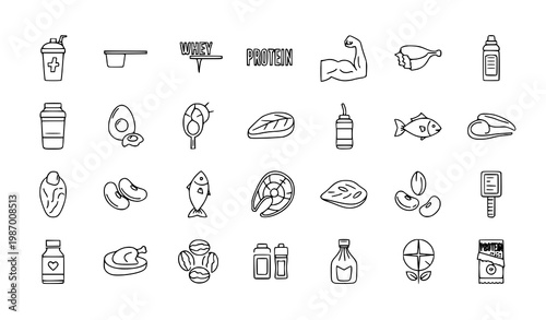 Protein outline icon set vector with nutrition food muscle fitness supplement editable stroke linear collection
