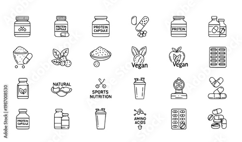 Protein supplement outline icon set vector with powder vegan nutrition amino acids editable stroke design