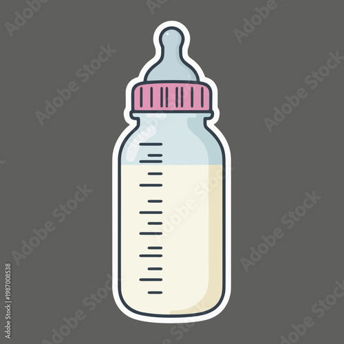 Baby Milk Bottle with Pink Nipple Sticker Vector