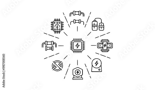 Electrical circuit outline icons vector with transformer capacitor fuse schematic editable stroke set