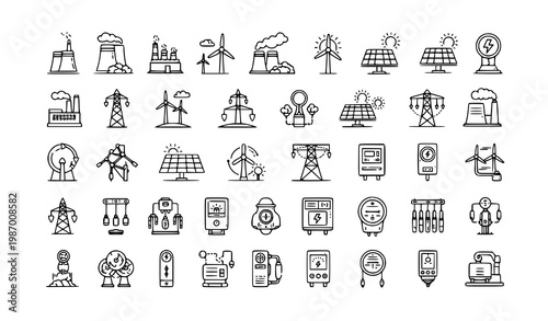Electricity infrastructure outline icon set vector with power plant solar wind energy grid editable stroke design