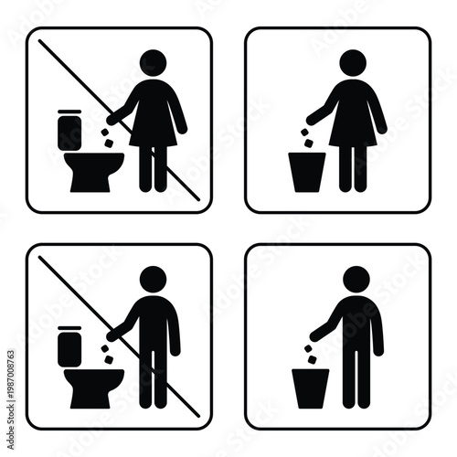 Set of restroom rules icons showing correct and incorrect waste disposal. Includes prohibited flushing symbol and proper trash bin usage pictogram. Ideal for public toilets, hotels, restaurants, offic