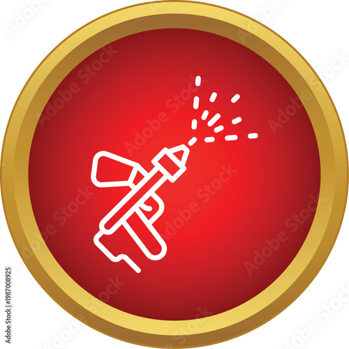 Spray gun line icon emitting liquid droplets, representing cleaning, agriculture, or disinfection