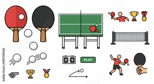 Table Tennis and Ping Pong Vector Icon Set: Professional Sports Equipment, Athlete Figures, Championship Trophies, and Game Elements in Flat Line Art Style