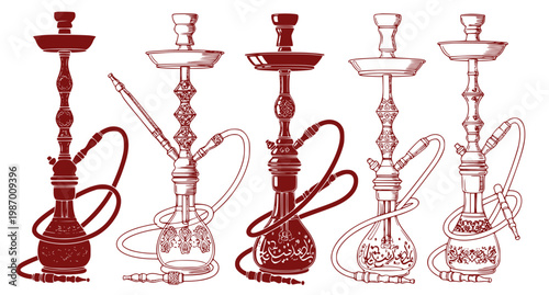 A vector graphic illustration of five red hookahs on a black background in a minimalist line art style
