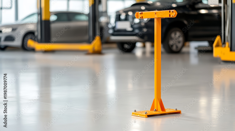 Fototapeta premium Bright orange jack stand on concrete floor in modern auto repair shop, industrial and sturdy tool