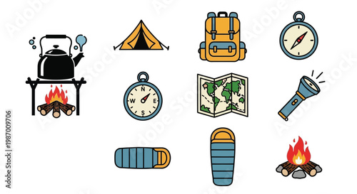 Camping equipment icons a kettle tent backpack compass map and more