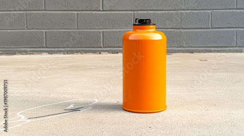 Bright orange construction marker spray can on concrete with chalk line, outdoor industrial scene