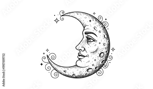 Detailed whimsical moon face with antique engraving texture celestial black and white vector illustration
