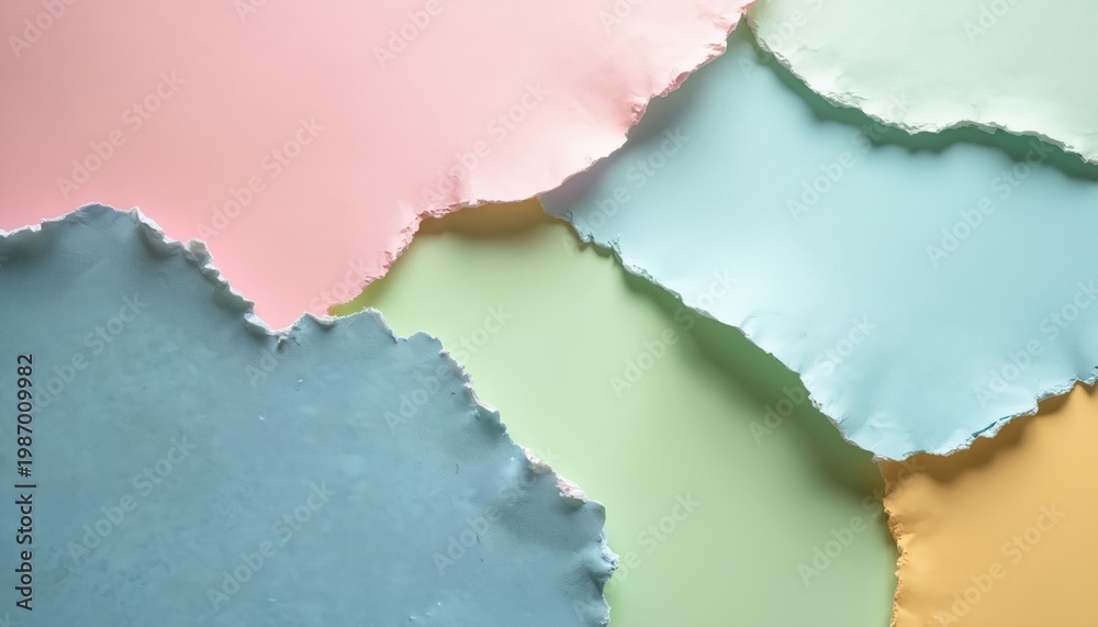 Fototapeta premium Abstract pastel paper layers overlap with torn edges. Soft colors create delicate visual composition. Texture and hue blend for artistic background design. Craft and handmade feel.