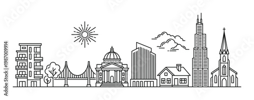 Vector outline of a vibrant city skyline featuring various urban and suburban buildings, bridge, and nature elements. Ideal for web, print, and branding.