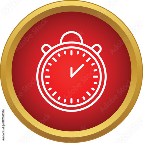 White outline stopwatch icon showing a checkmark inside a red and gold circle