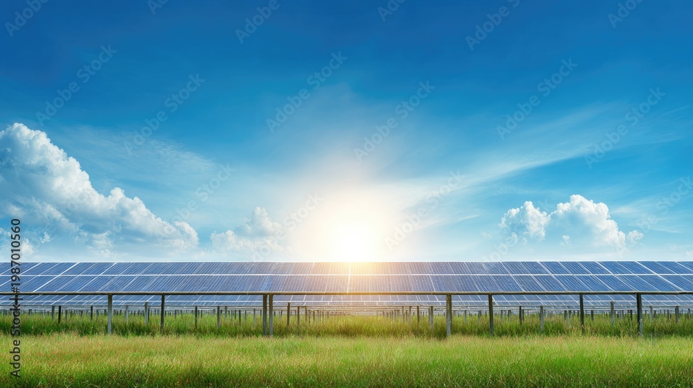 Fototapeta premium Expansive Solar Panel Farm Under Bright Sunlight with Clear Blue Sky and Clouds in a Green Field Environment