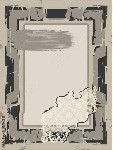 Vintage grunge frame with brush stroke and lace decoration