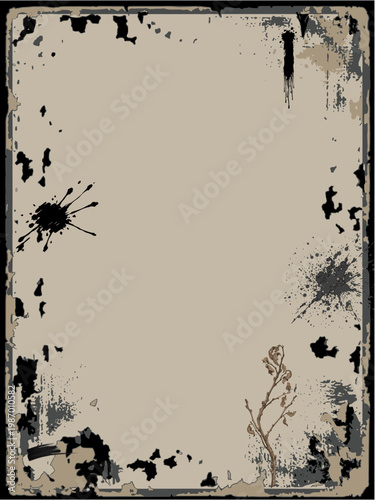 Grunge vintage paper background with ink splatter and plant