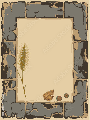 Vintage paper frame with wheat leaf and rustic grunge border