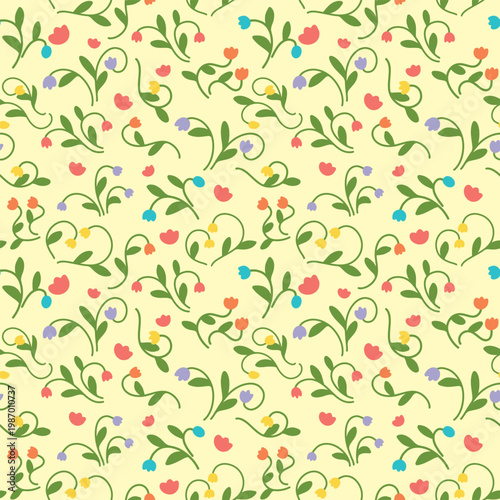 Seamless repeating pattern featuring small stylized flowers and curved leafy stems in a playful hand-drawn flat style. 