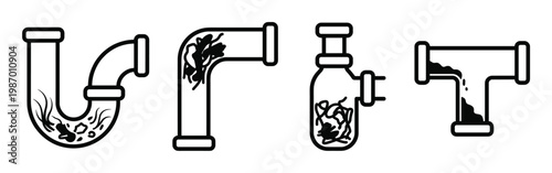 Vector icons illustrating various clogged pipes and drains with blockages like hair and debris. Ideal for plumbing service ads, cleaning product labels, and maintenance guides
