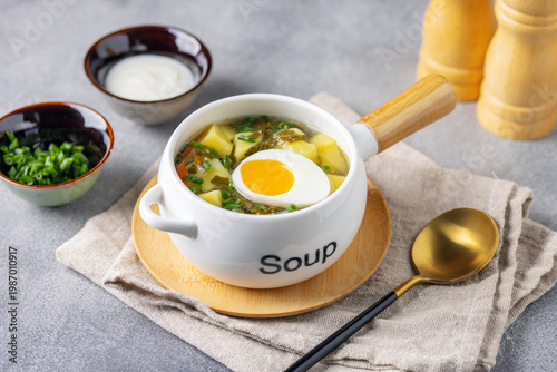 Delicious sorrel soup with leaves and egg in ceramic bowl. Spring soup with wild herbs