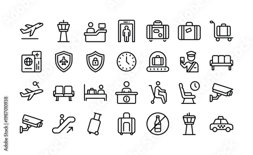 Comprehensive airport and travel line icons for flight navigation, security, and passenger services. Ideal for web, apps, infographics, and UI design.