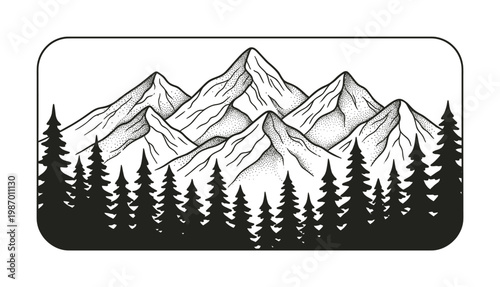Hand-drawn vector illustration of majestic mountains and dense pine forest in black and white. Ideal for outdoor branding, apparel, and nature-themed designs.