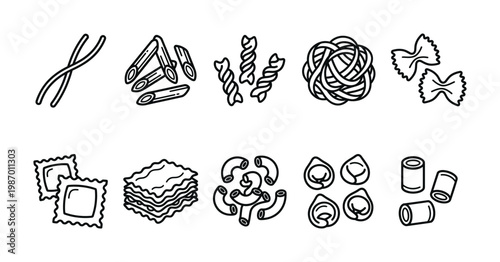 A comprehensive collection of Italian pasta varieties illustrated as clean black outline vector icons. Perfect for culinary websites, menus, or food-related graphics.