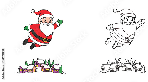 Flying Santa Claus over Winter Village Coloring Page, Christmas Holiday Illustration for Kids, Colored and Outline Vector Art