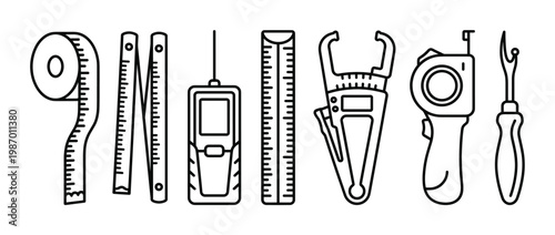 Vector outline icons of various measuring tools like tape, rulers, laser measurer, body caliper, and seam ripper. Ideal for DIY, craft, health, and construction projects.