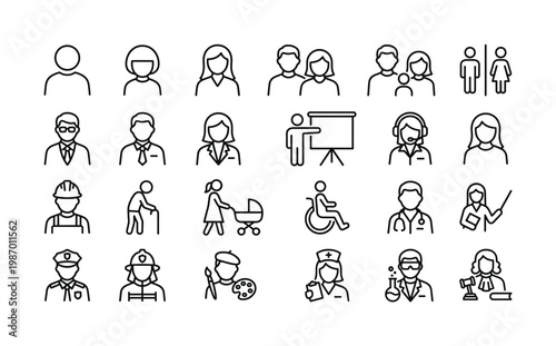 Outline icons of diverse people, professions, and social roles. Perfect for UI/UX, web design, and digital projects seeking clear, modern imagery.