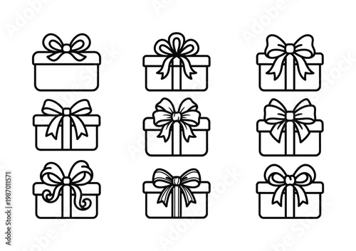 Versatile set of nine minimalist black line art gift box icons with various bows. Ideal for celebrations, holidays, shopping, web design, and app interfaces. Clean vector style.