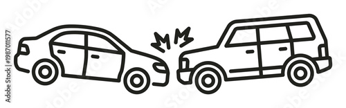 Black outline vector showing two cars colliding. A simple, cartoon-style car crash for safety, insurance, or road hazard warnings and educational designs.