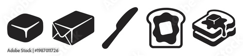 Set of minimalist black vector icons depicting butter, butter knife, and toast. Ideal for breakfast menus, food apps, cooking blogs, or packaging designs.