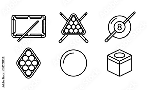 Clean outline vector icons depicting billiard and pool game elements like tables, cues, balls, and racks. Ideal for UI/UX, apps, websites.