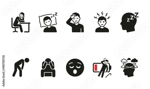 Vector icons illustrating common health issues like sleep problems, fatigue, stress, and headaches. Ideal for wellness content, medical infographics, and app UI.