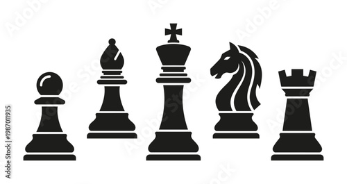 Clean vector illustration of classic black chess pieces (pawn, bishop, king, knight, rook). Great for strategy, competition, gaming, and intelligence concepts.