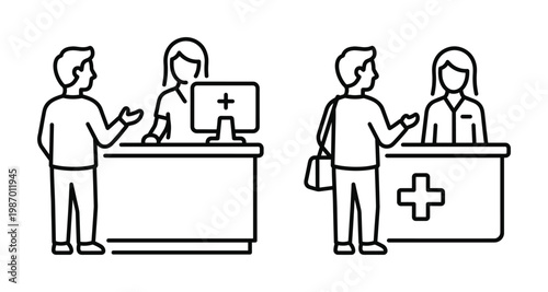 Two line-art vector icons showing patient and medical professional interaction at a reception desk, symbolizing healthcare services and support.